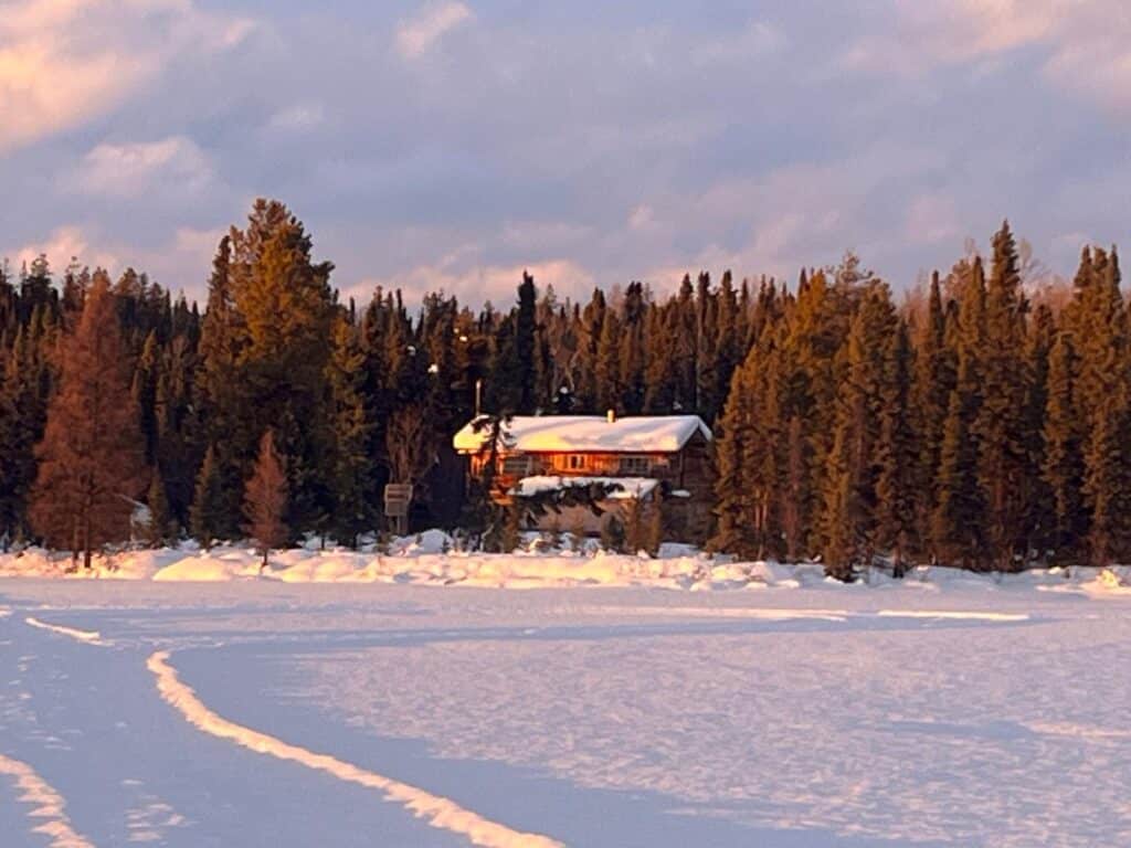 Hütte nach einem Sturm - kein Schnee mehr auf den Bäumen