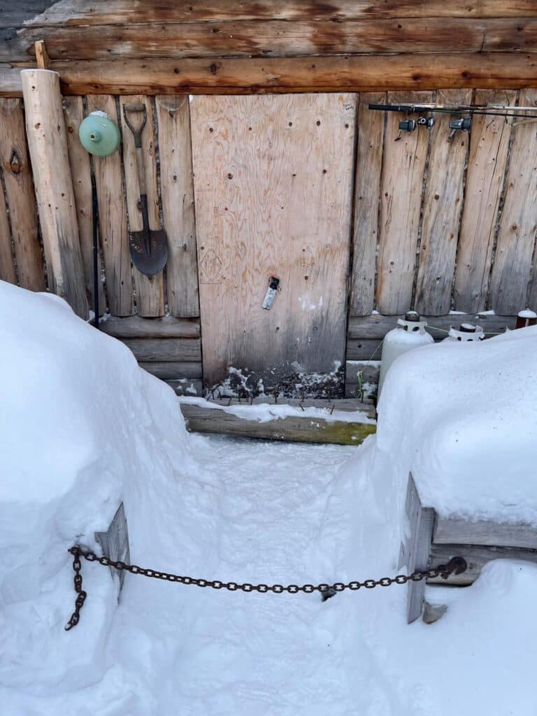 Die Haustüre ist wieder verbarrikadiert mit Bärenschutz (Bärspray und Nagelbrett)